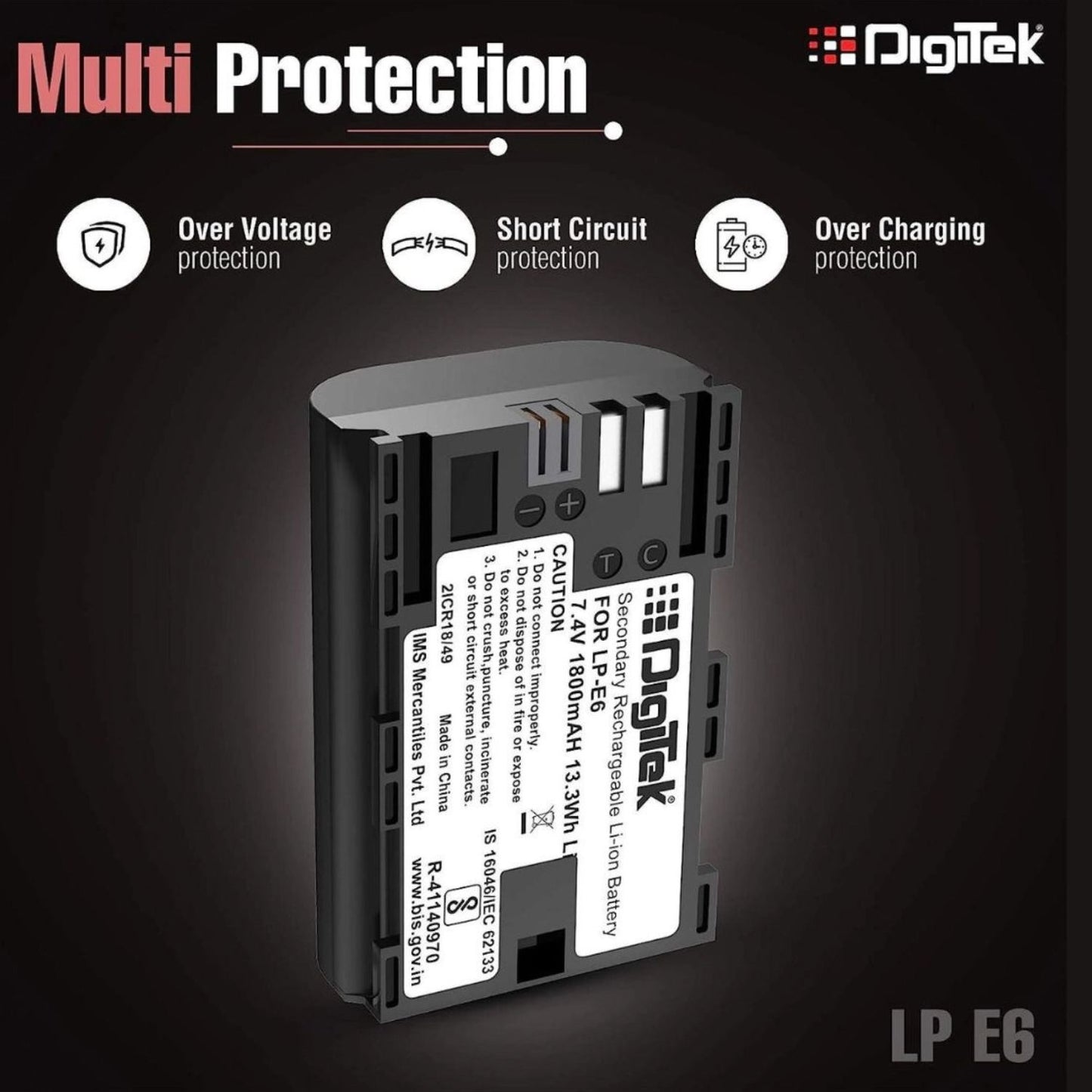 LP‑E6 battery showing multi-protection icons and protection labels