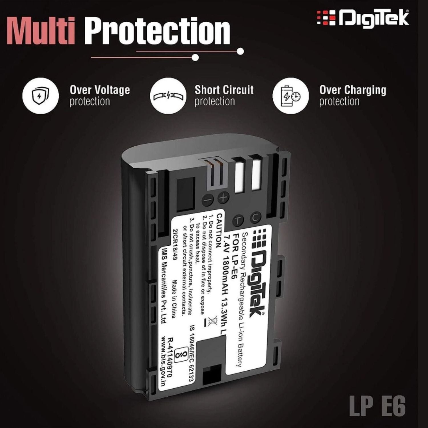 LP‑E6 battery showing multi-protection icons and protection labels