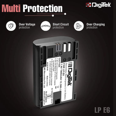 LP‑E6 battery showing multi-protection icons and protection labels