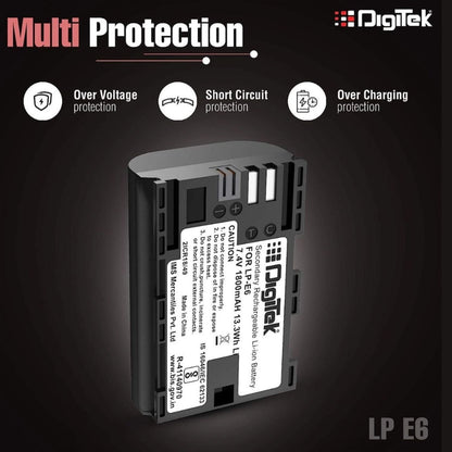 LP‑E6 battery showing multi-protection icons and protection labels