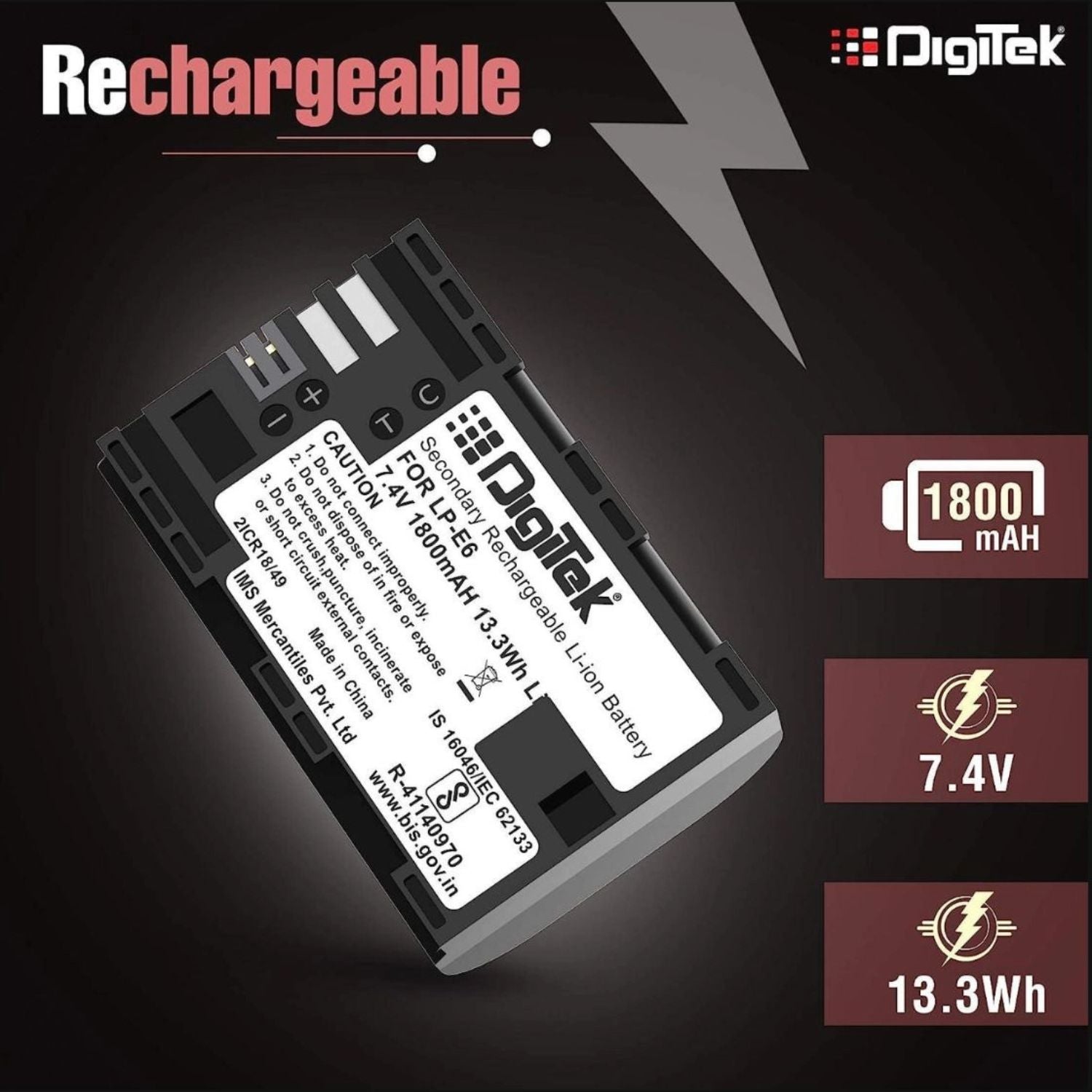 LP‑E6 rechargeable Li‑ion battery, 1800 mAh 7.4V 13.3Wh markings
