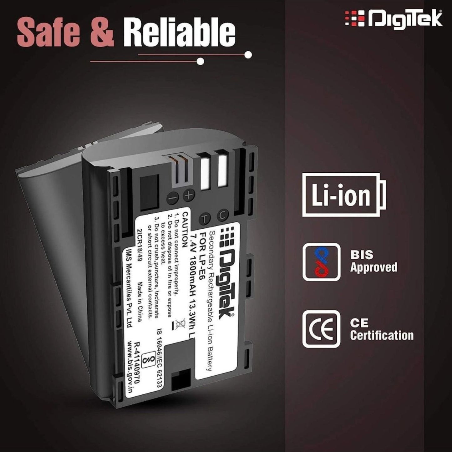 LP‑E6 battery with Li‑ion, BIS approved, CE certification indicators