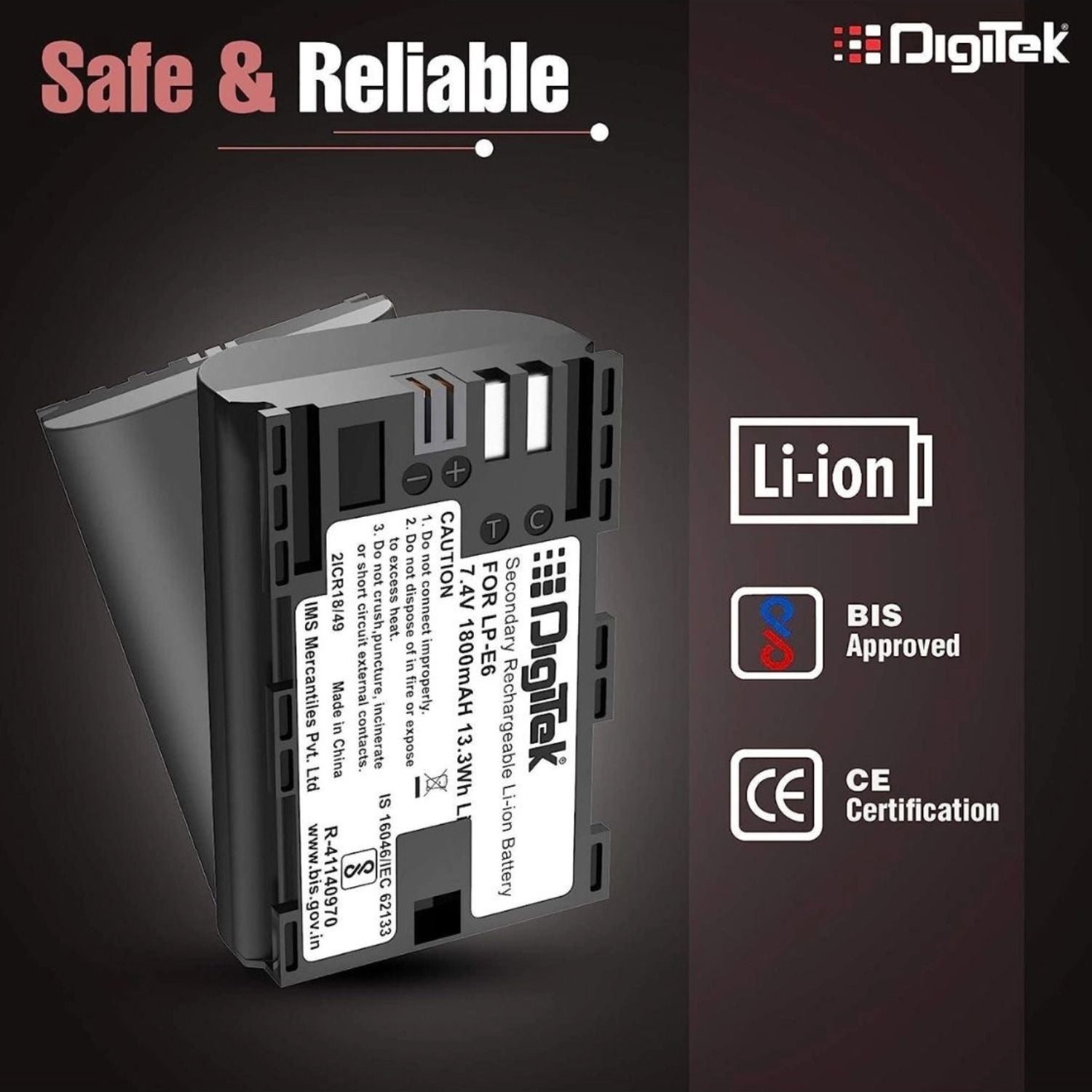 LP‑E6 battery with Li‑ion, BIS approved, CE certification indicators