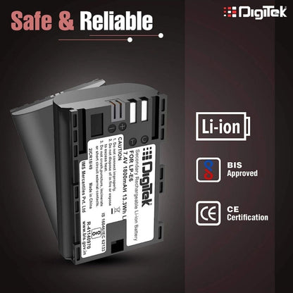 LP‑E6 battery with Li‑ion, BIS approved, CE certification indicators