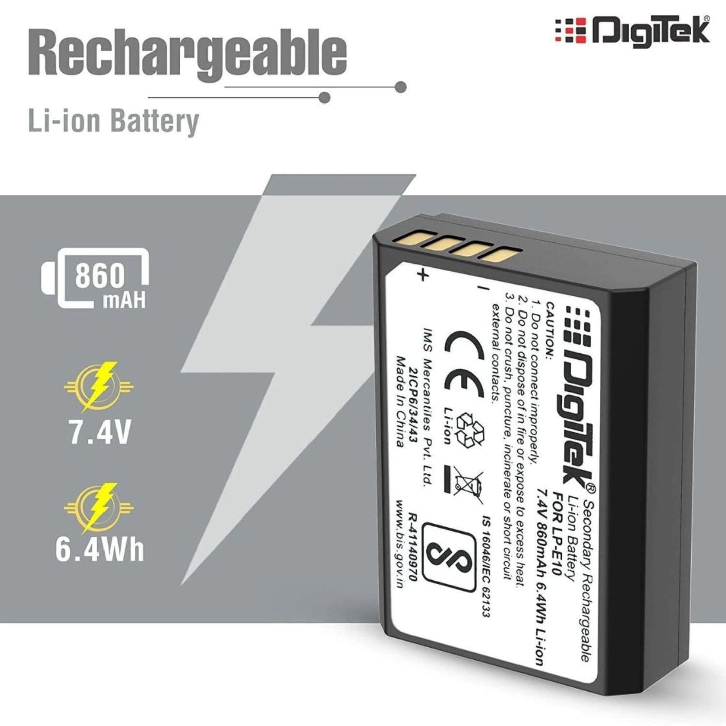 LP E10 lithium-ion rechargeable battery, 860 mAh, 7.4 V, 6.4 Wh