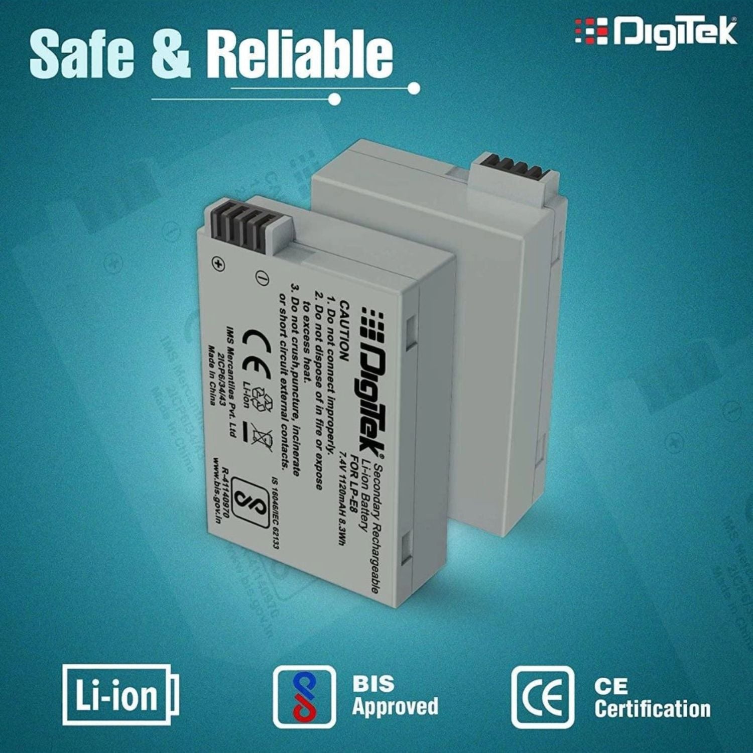 Rechargeable lithium-ion battery pack LP E8 shown at an angle