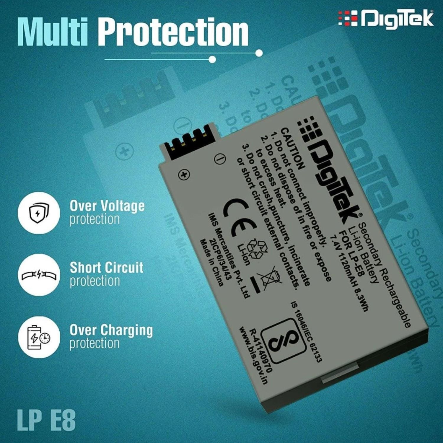 LP E8 lithium-ion rechargeable battery with protection circuit icons on the label