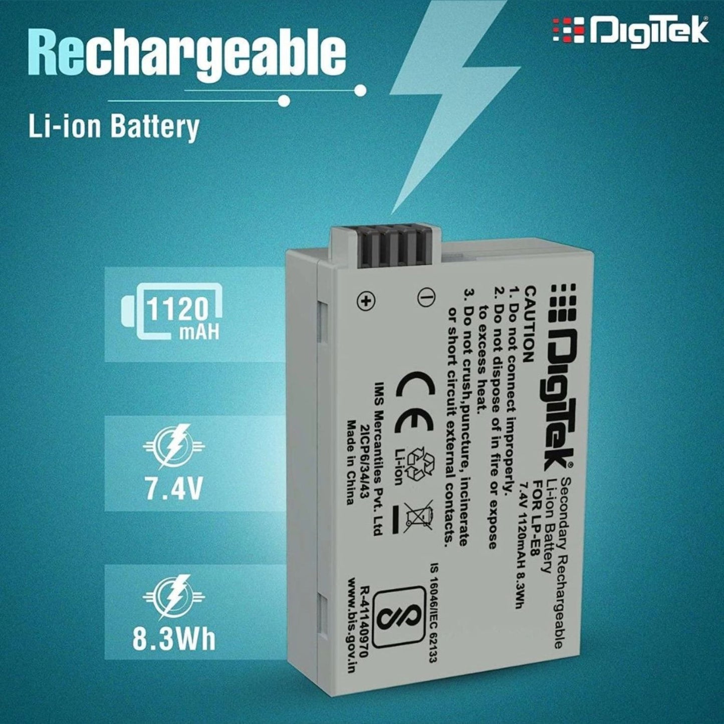 LP E8 rechargeable li-ion battery with 7.4V and 1120mAh capacity markings