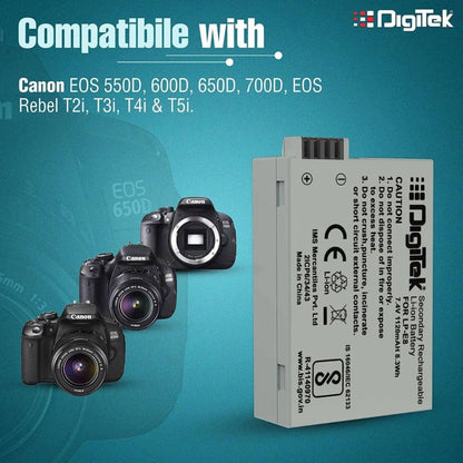 LP E8 lithium-ion rechargeable battery with compatibility text on the label