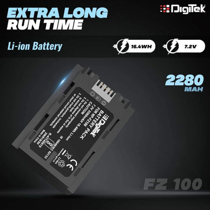 Lithium-ion NP-FZ100 battery, angled, shows 2280mAh and 7.2V/16.4Wh