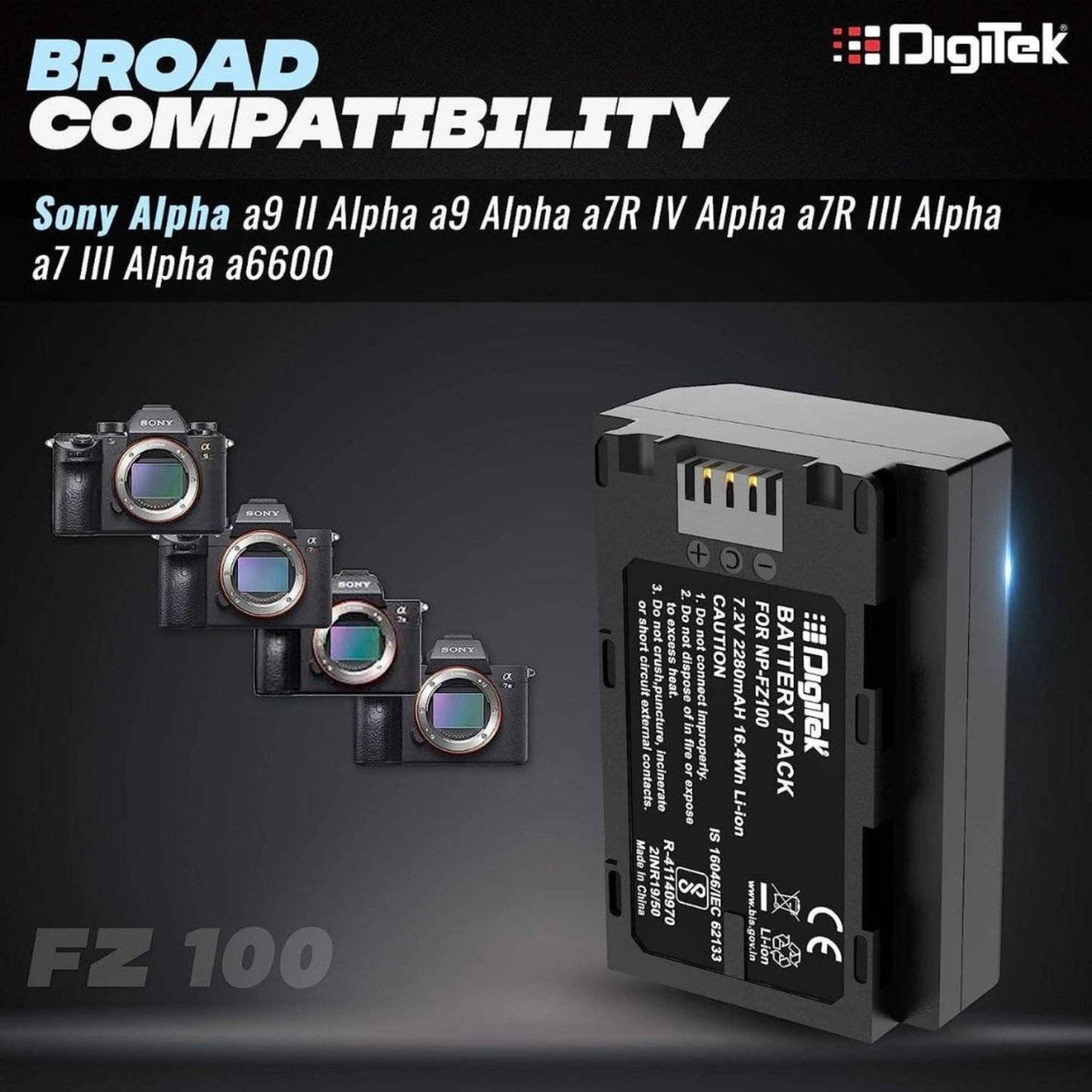 NP-FZ100 battery with metal contact pins and side label on black casing