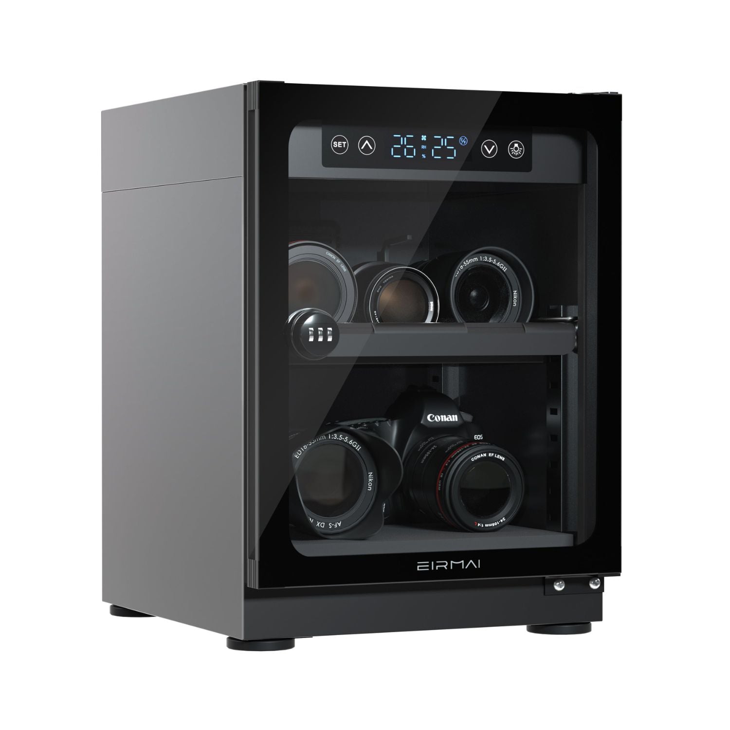Dry cabinet, gray body with front window showing camera lens storage and LED controls
