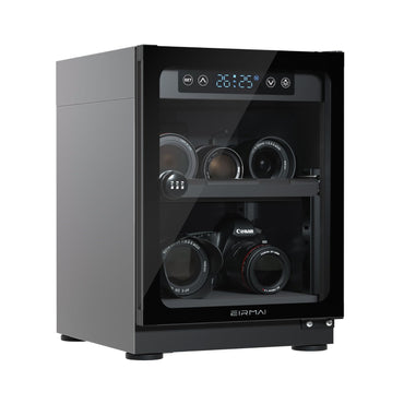 Dry cabinet, gray body with front window showing camera lens storage and LED controls