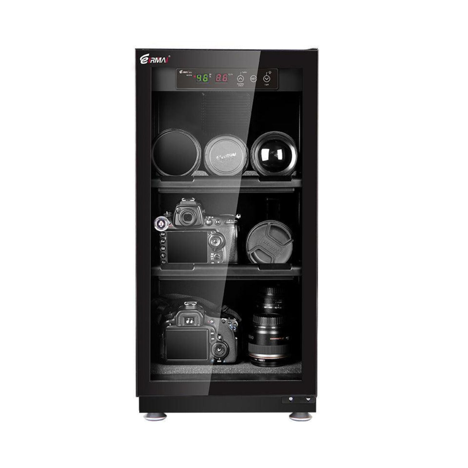 LED display dry cabinet, glass door, shelves for cameras and lenses on 4 feet