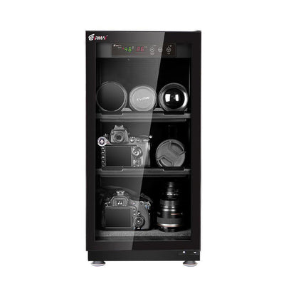 LED display dry cabinet, glass door, shelves for cameras and lenses on 4 feet