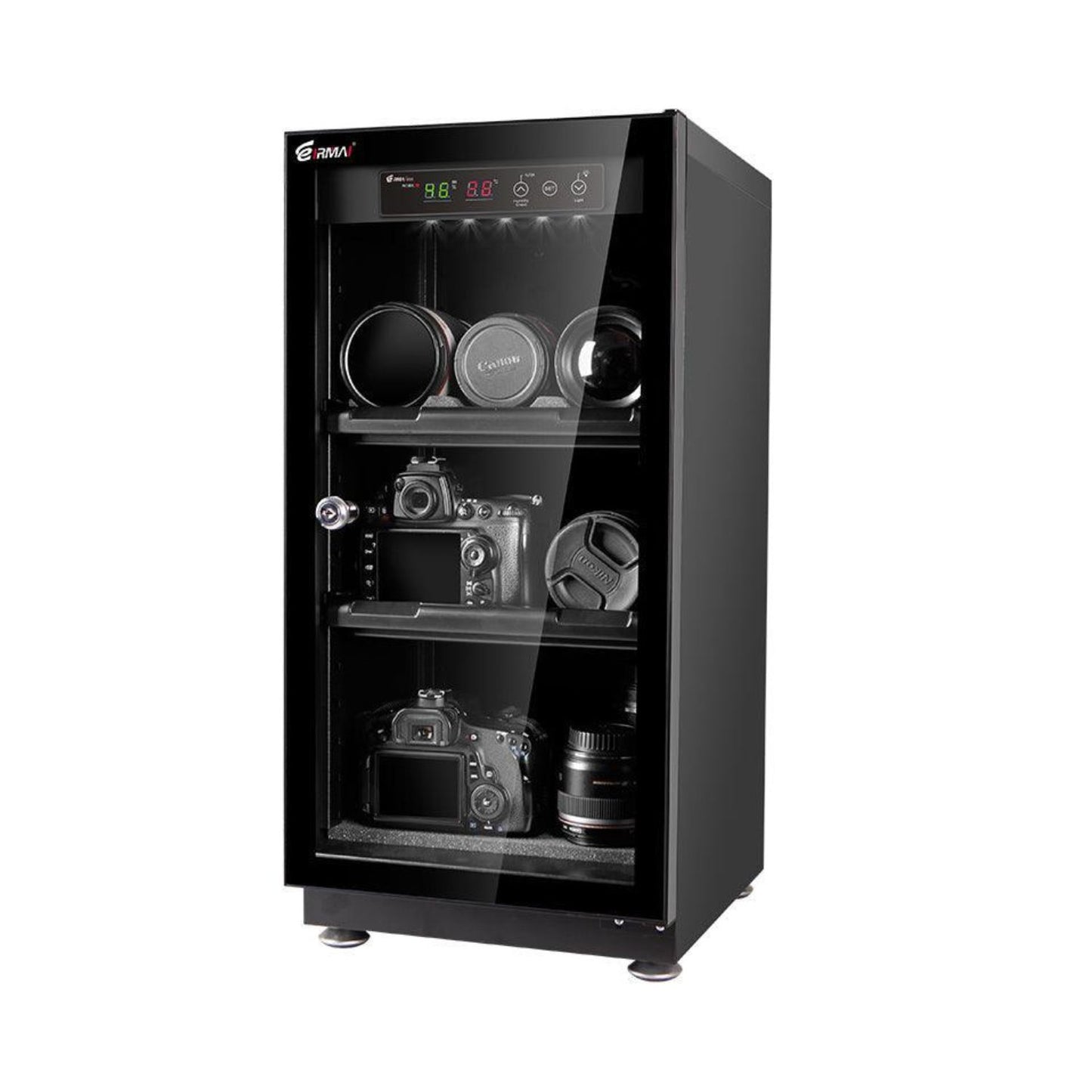 Eirmai 50L dry cabinet, glass-front door closed, LED control panel visible