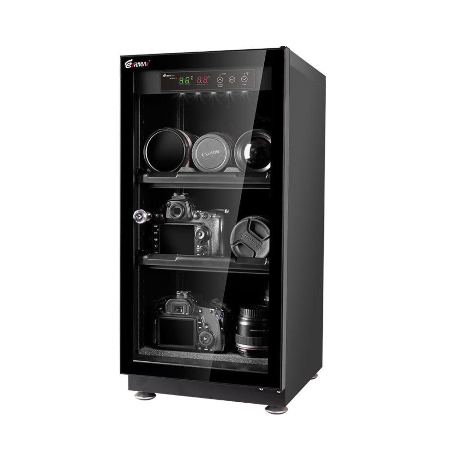 Eirmai 50L dry cabinet, glass-front door closed, LED control panel visible