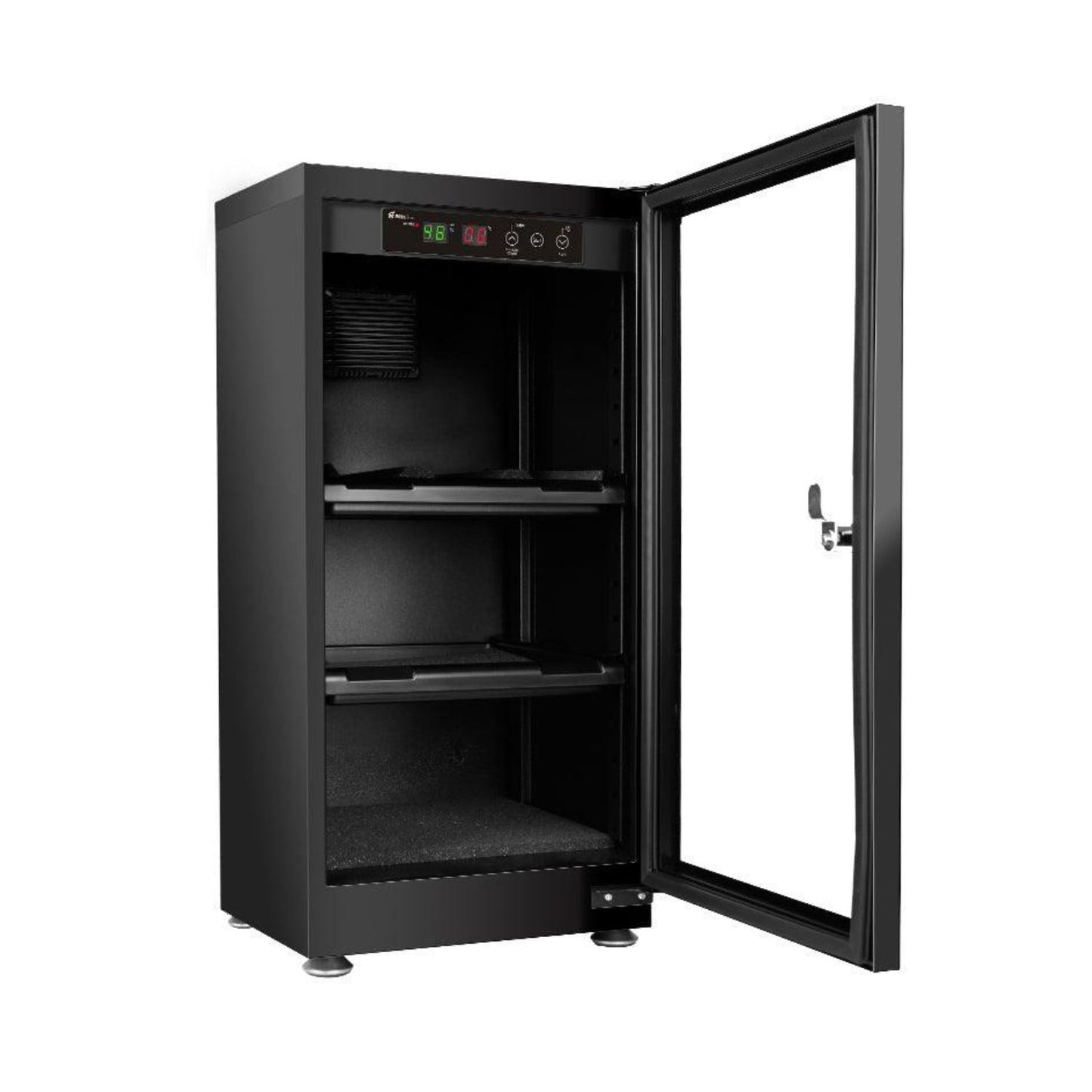 Open 50L LED dry cabinet door showing interior shelves with foam lining