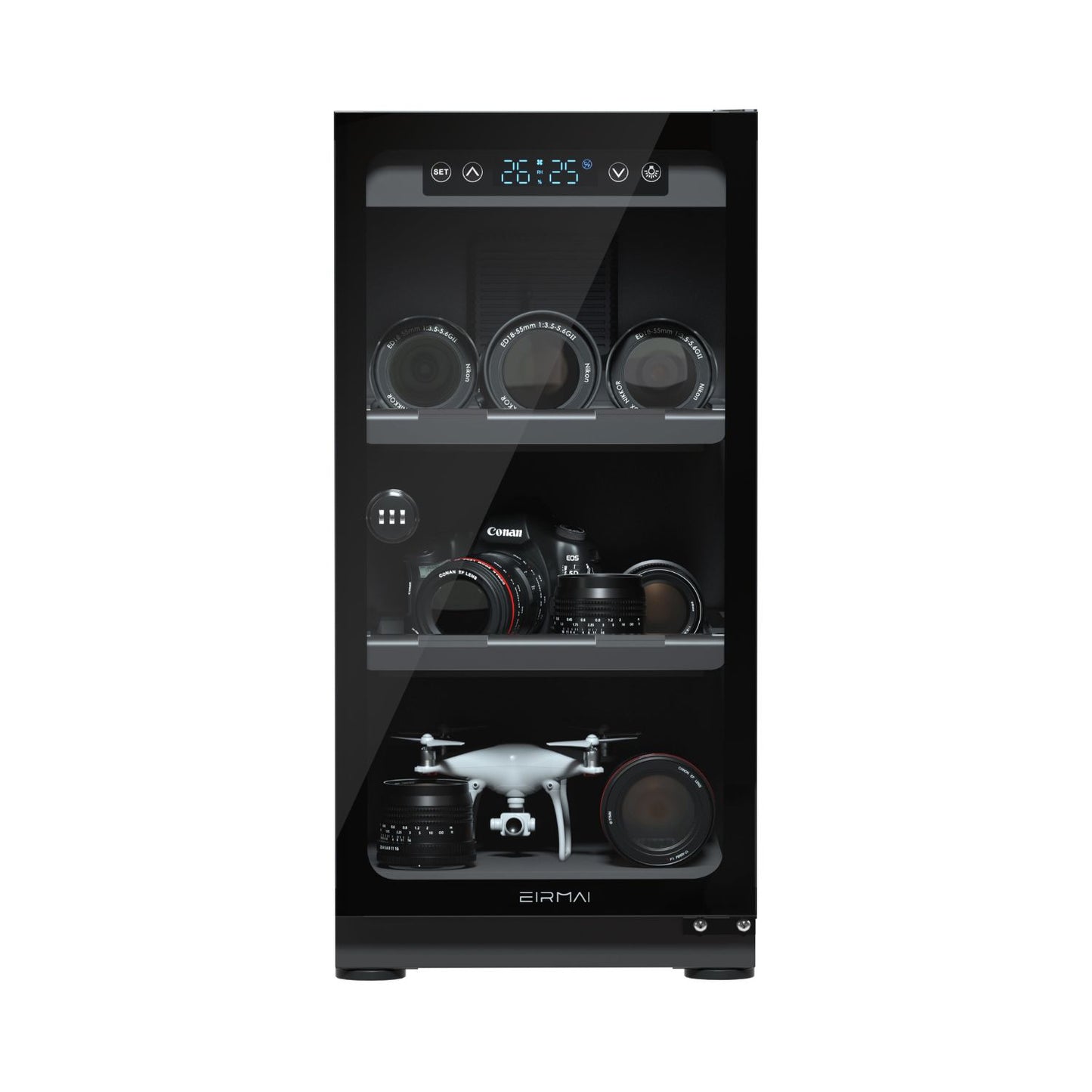50L PRO LED display dry cabinet with three shelves for camera lenses and accessories