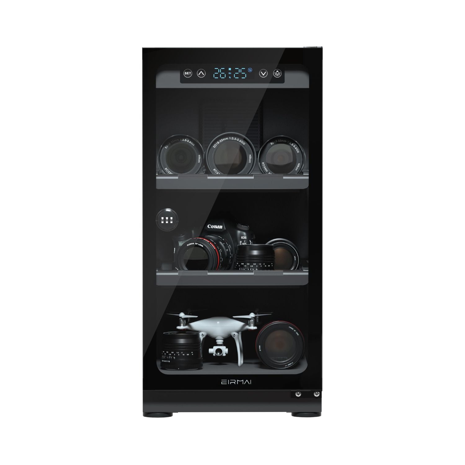 50L PRO LED display dry cabinet with three shelves for camera lenses and accessories