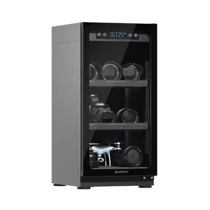 Eirmai 50L PRO dry cabinet with open door, LED panel, and lens storage shelves