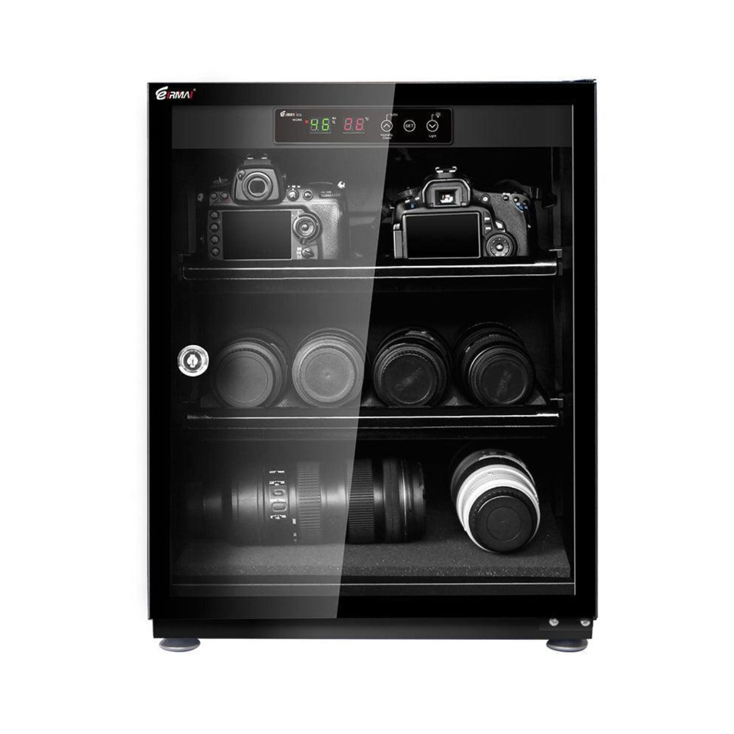 Eirmai 70L LED display dry cabinet with glass door and shelves, shown with camera items