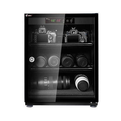 Eirmai 70L LED display dry cabinet with glass door and shelves, shown with camera items