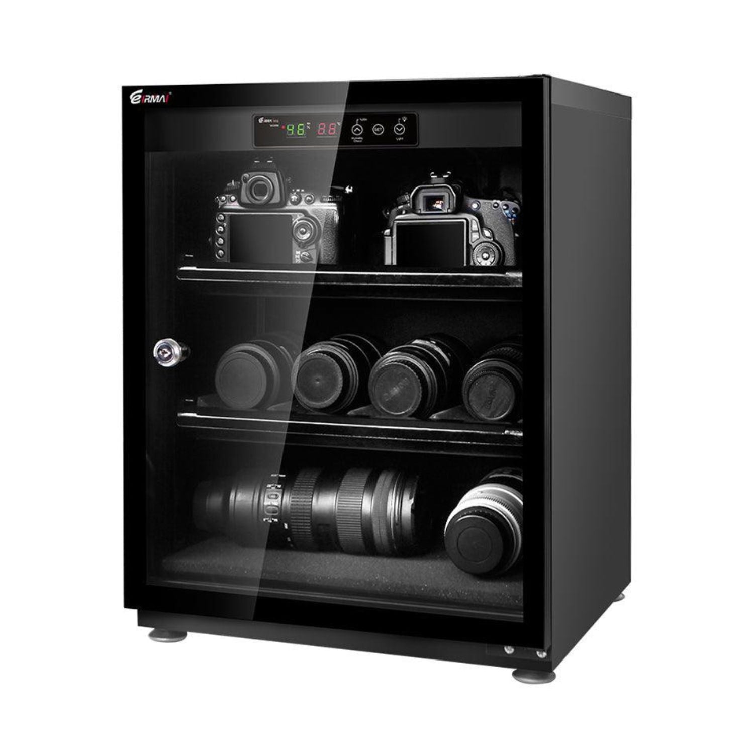 LED display dry cabinet, front view with internal shelves for cameras and lenses