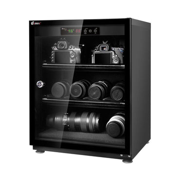LED display dry cabinet, front view with internal shelves for cameras and lenses