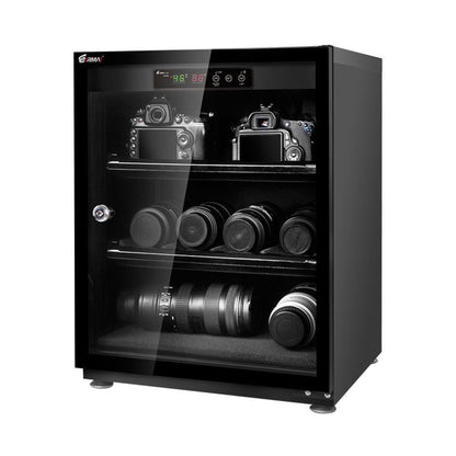 LED display dry cabinet, front view with internal shelves for cameras and lenses