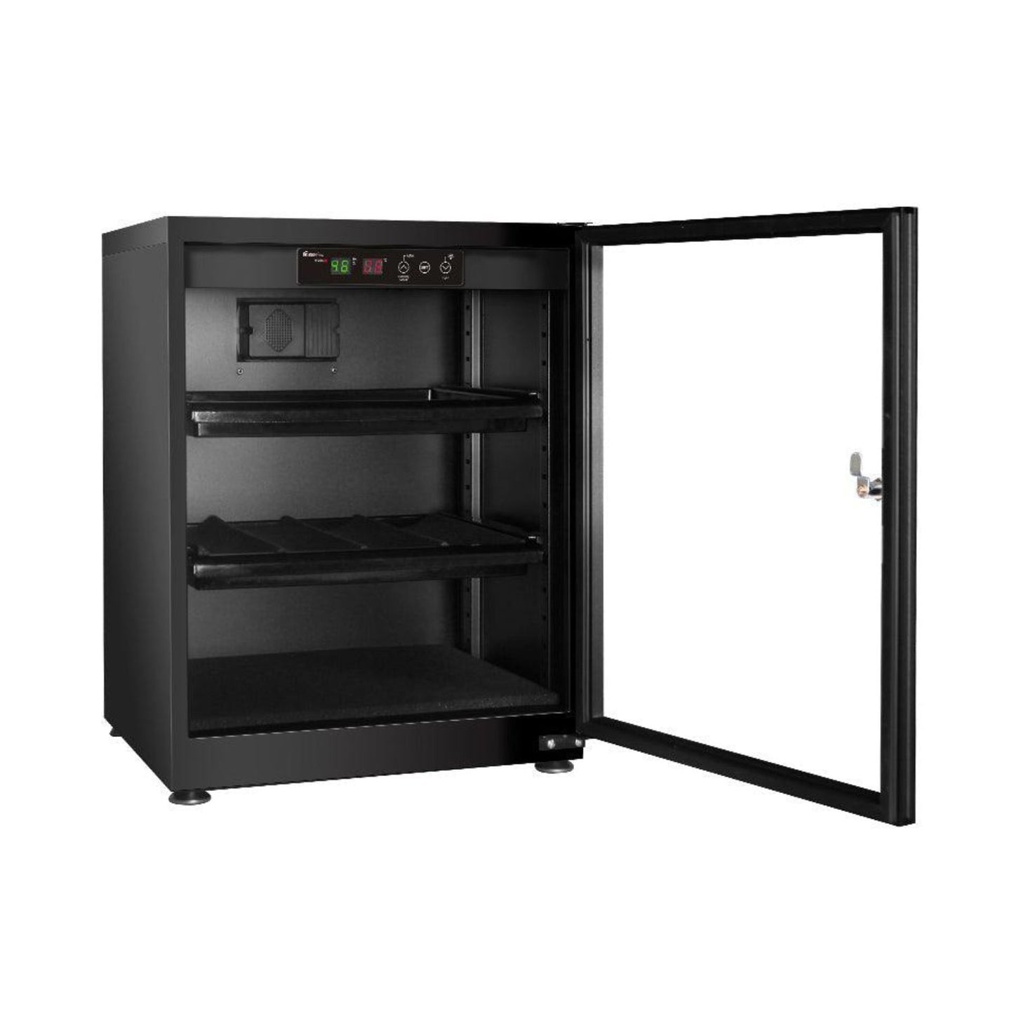 70L dry cabinet with open door, empty shelves and LED display control panel