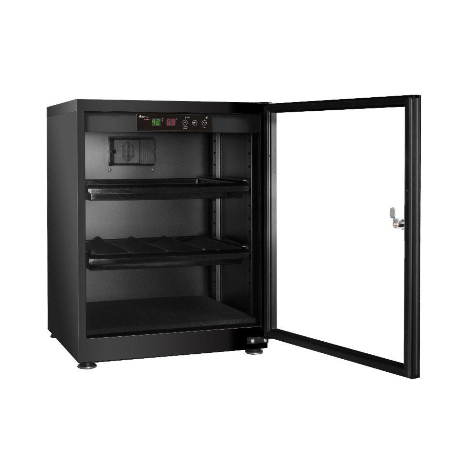 70L dry cabinet with open door, empty shelves and LED display control panel