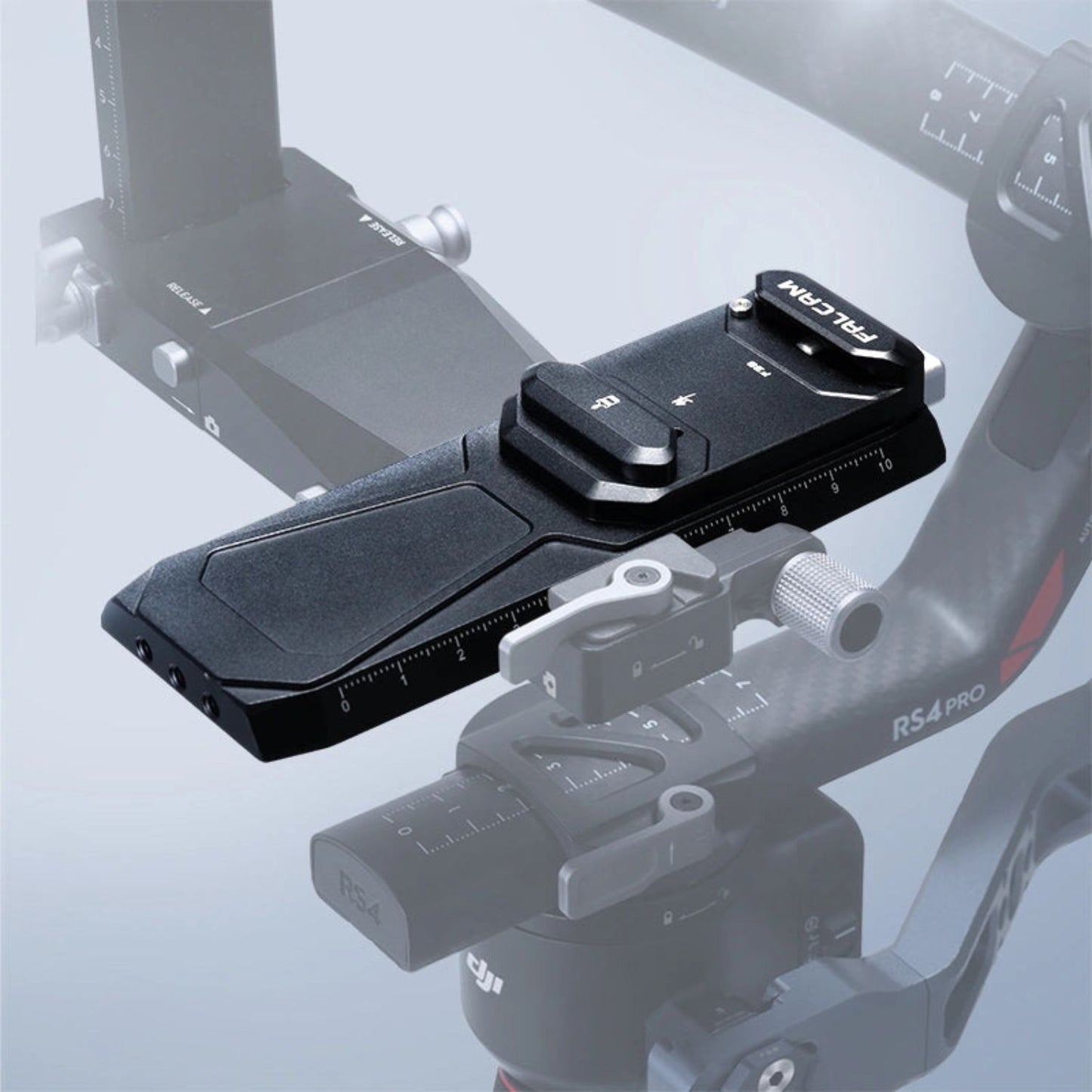 Falcam F38 quick release base V2 on a gimbal mounting bar, close-up