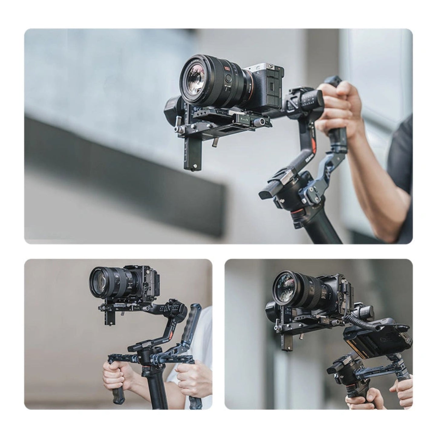 Quick release base mounted on a camera gimbal, showing installation with hand