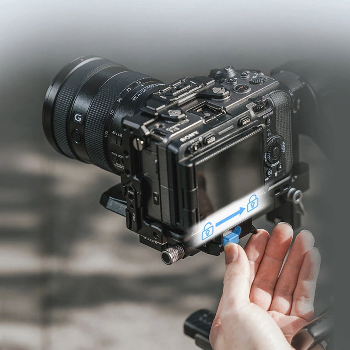Camera gimbal with Falcam F38 quick release base V2 attached under the camera