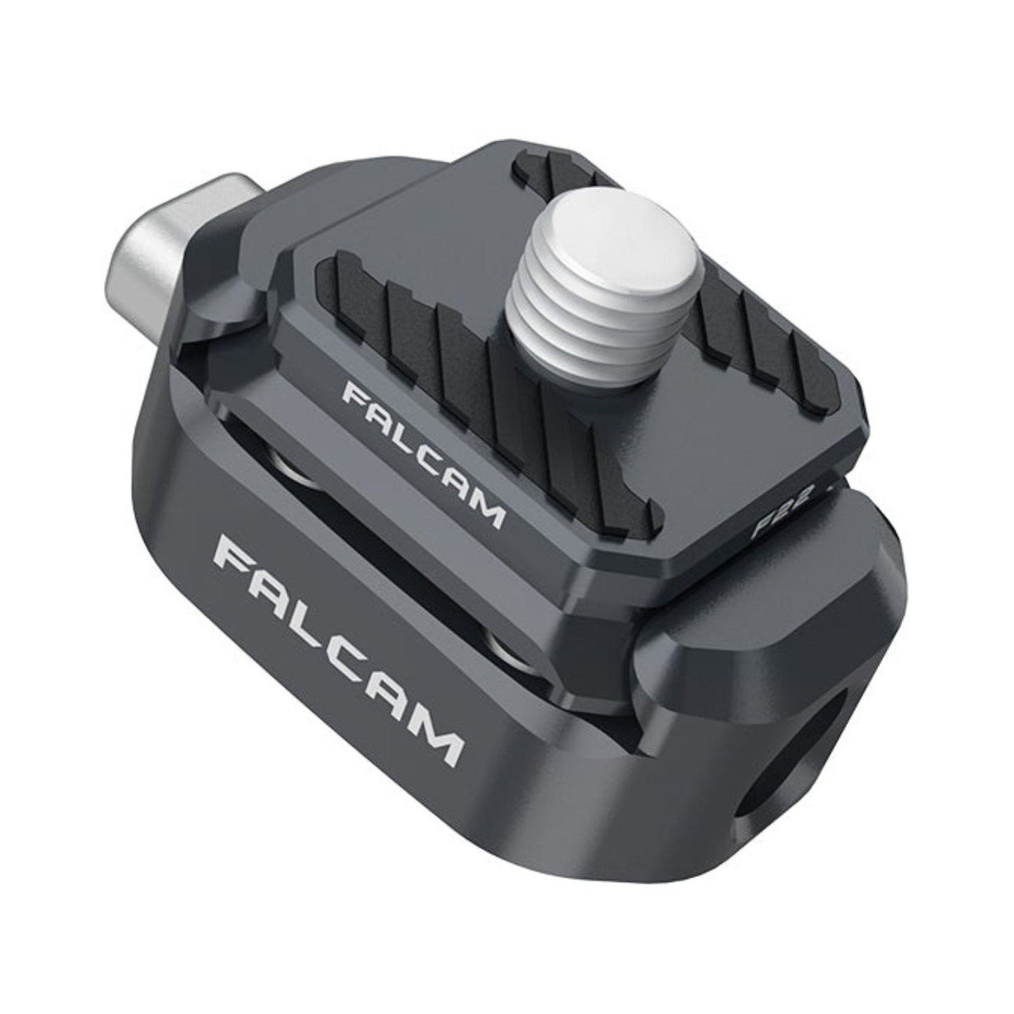 Camera quick release clamp with white knurled knob, dark gray metal