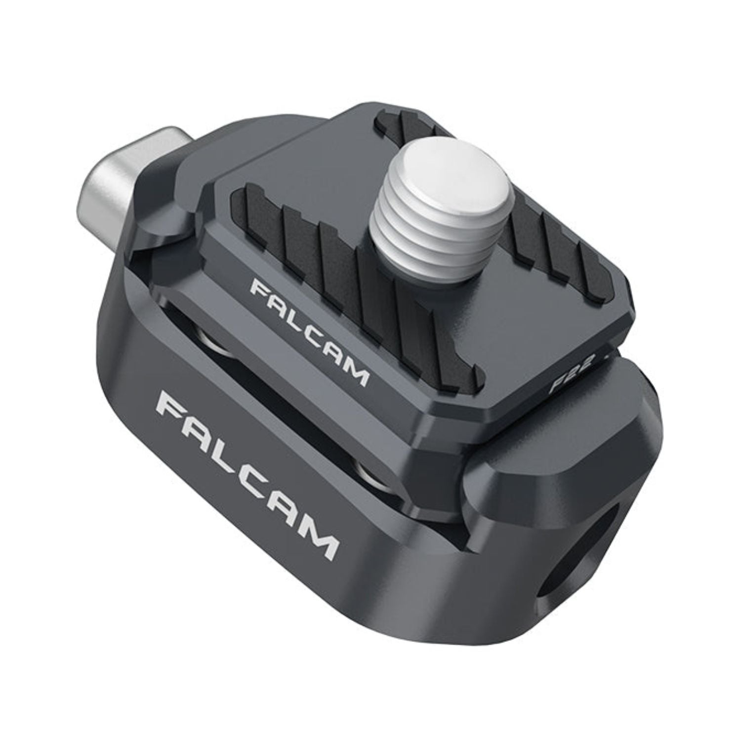 Camera quick release clamp with white knurled knob, dark gray metal