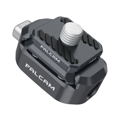 Camera quick release clamp with white knurled knob, dark gray metal