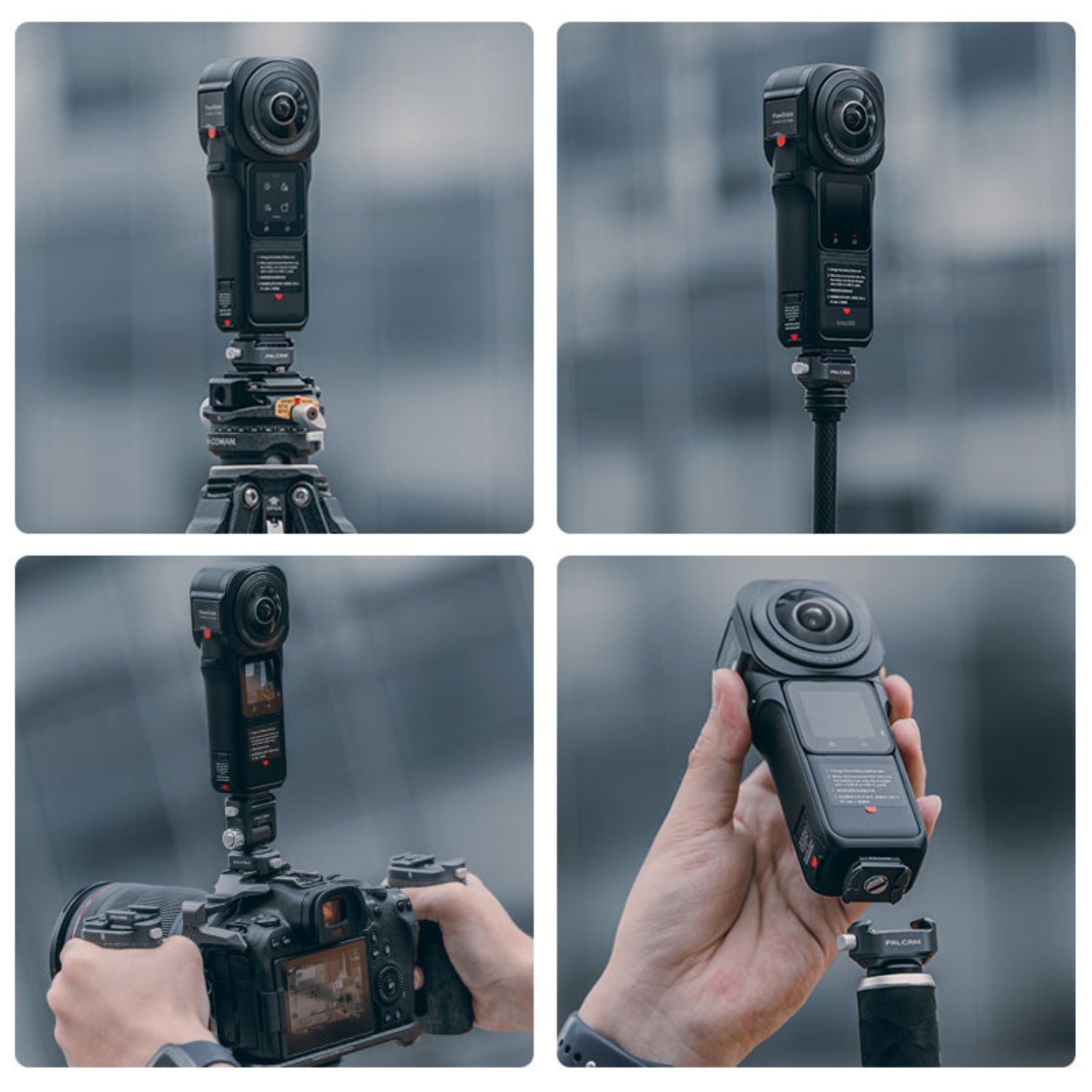 Camera quick release mount on camera rig, shown from several angles
