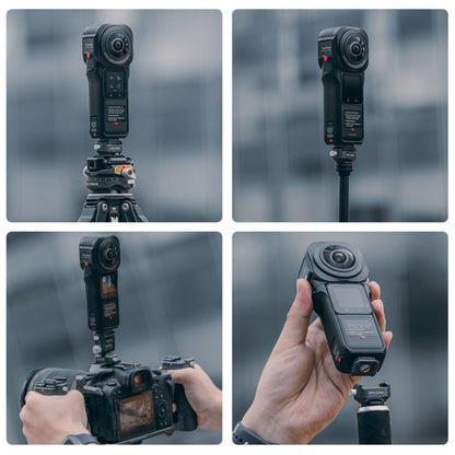 Camera quick release mount on camera rig, shown from several angles