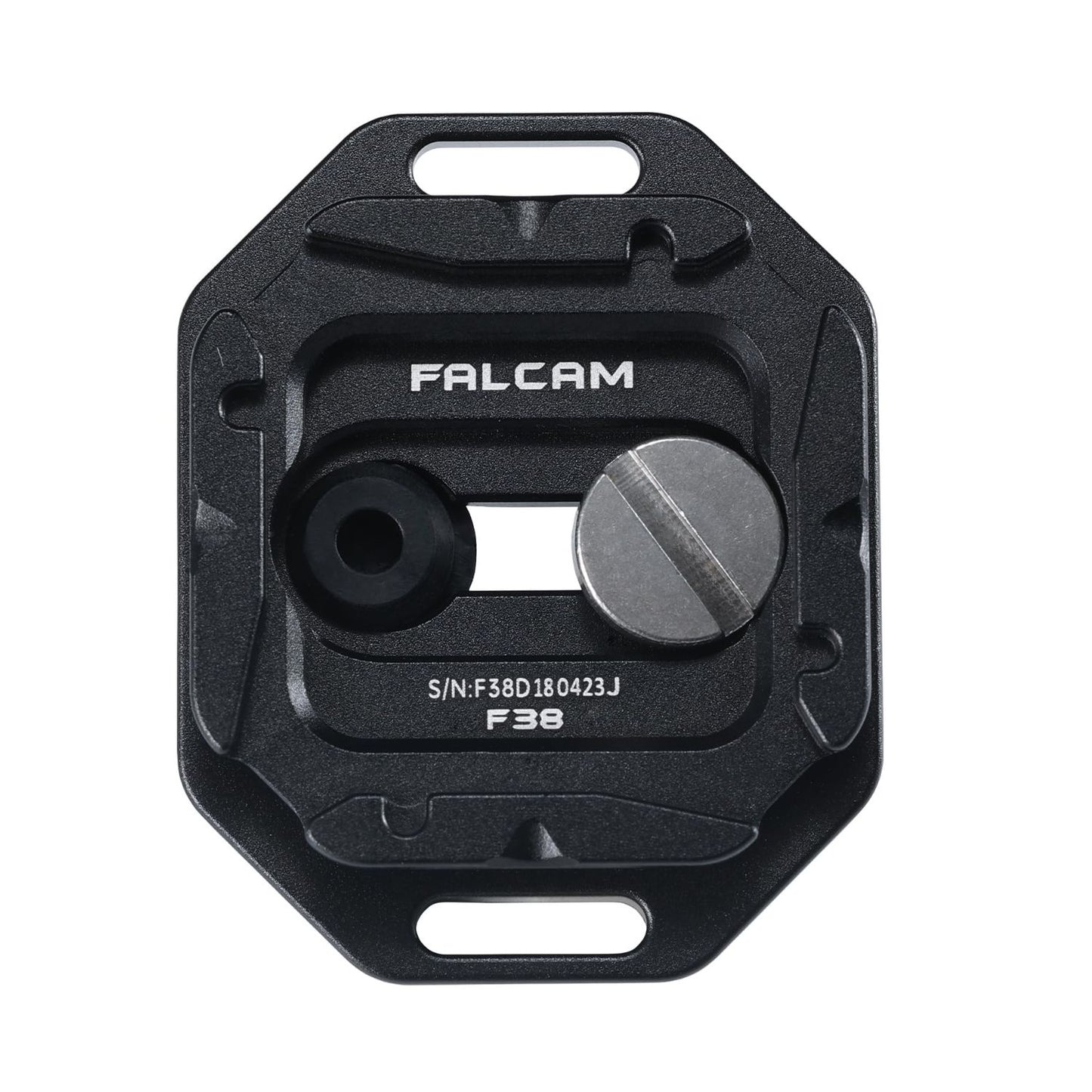 FALCAM F38 base plate underside with FALCAM logo, screw hole, and mounting slots