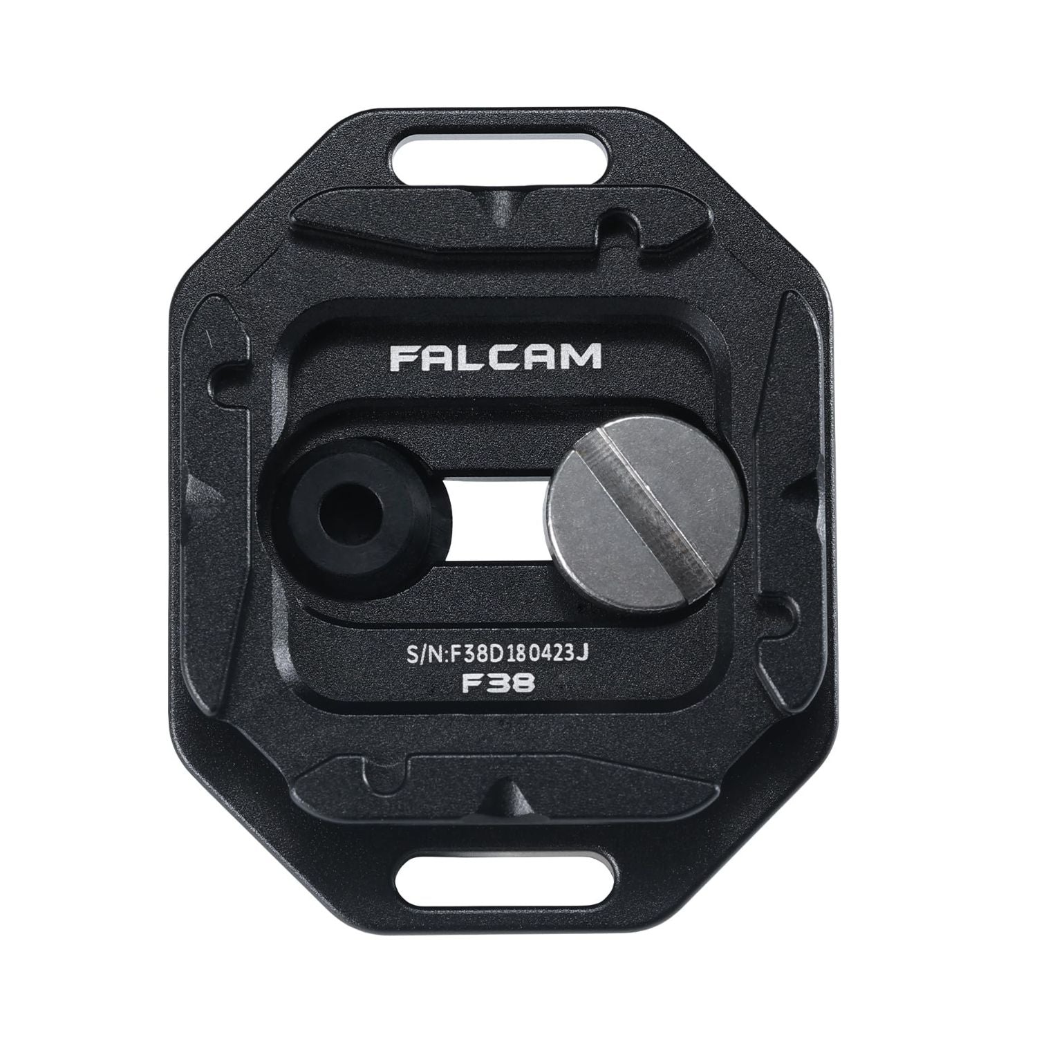 FALCAM F38 base plate underside with FALCAM logo, screw hole, and mounting slots