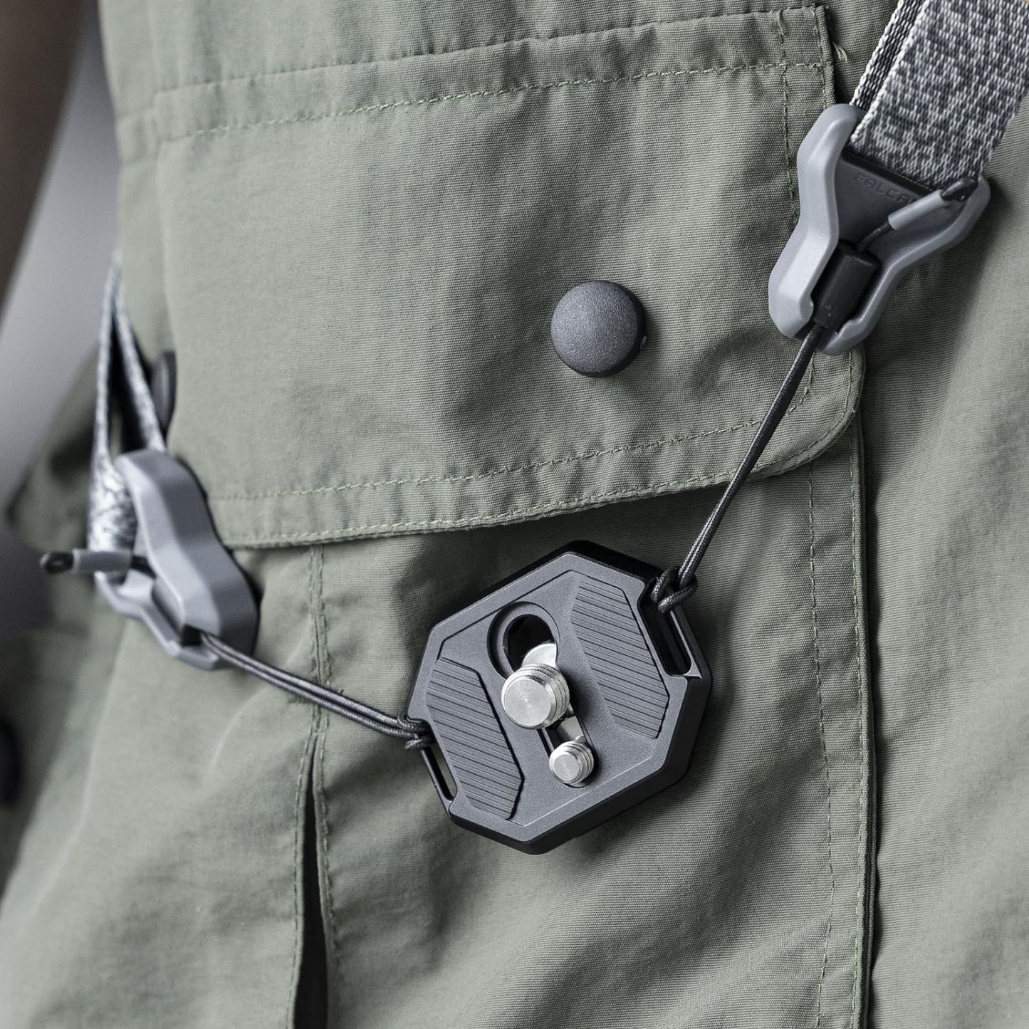 FALCAM F38 base plate clipped to a green fabric bag with adjustment knobs