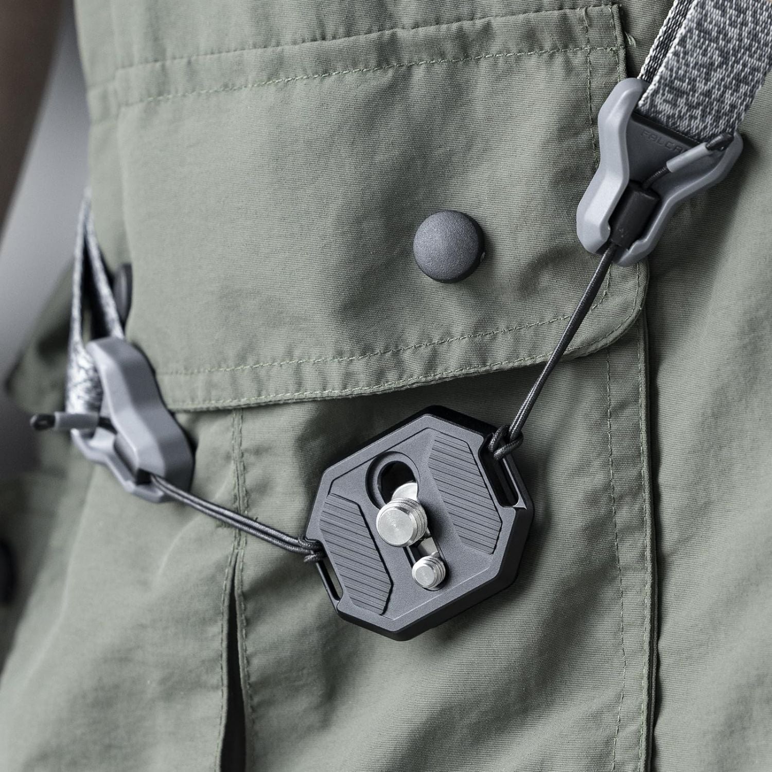 FALCAM F38 base plate clipped to a green fabric bag with adjustment knobs
