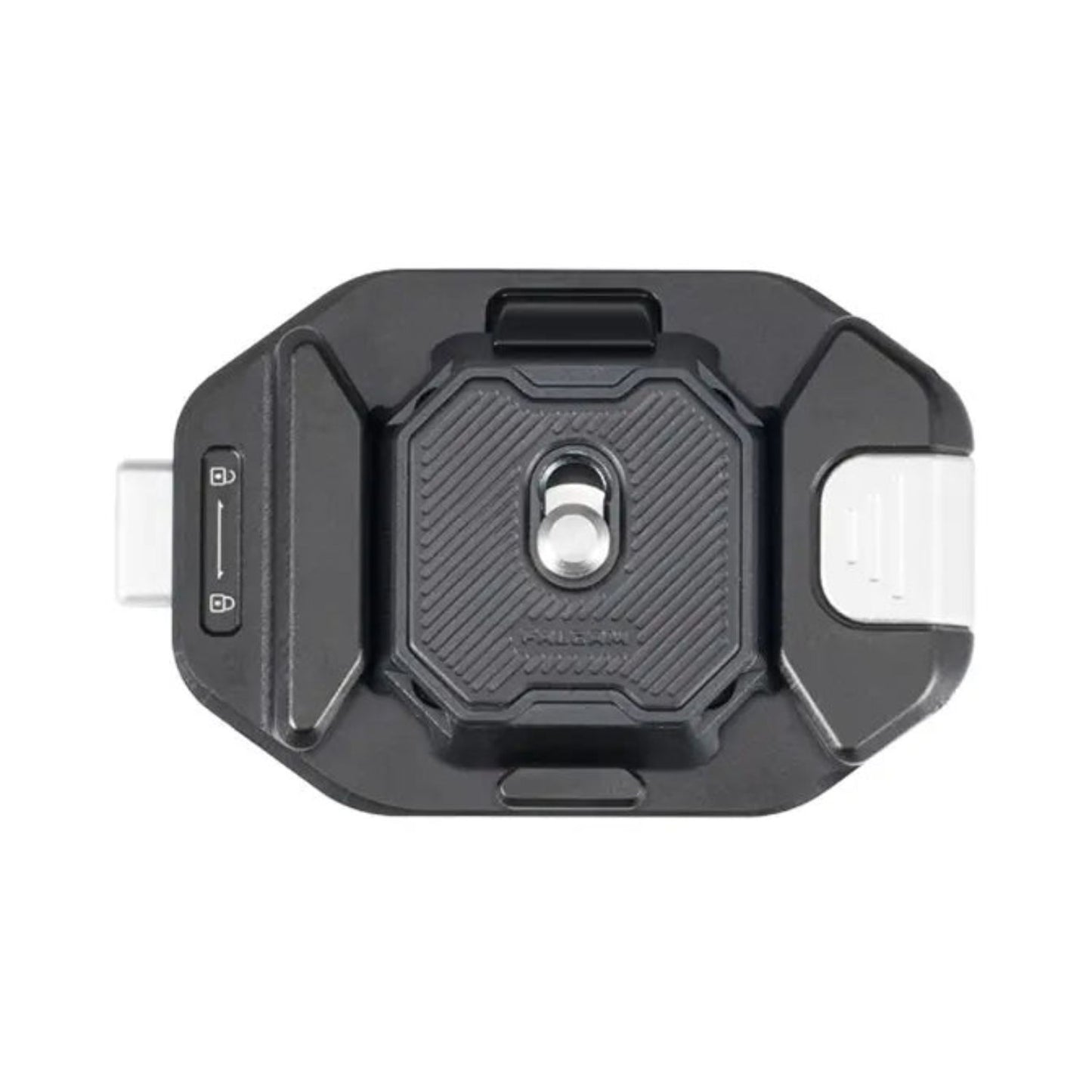F38 quick release camera strap clip, black housing with round metal locking button