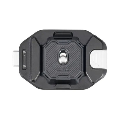 F38 quick release camera strap clip, black housing with round metal locking button