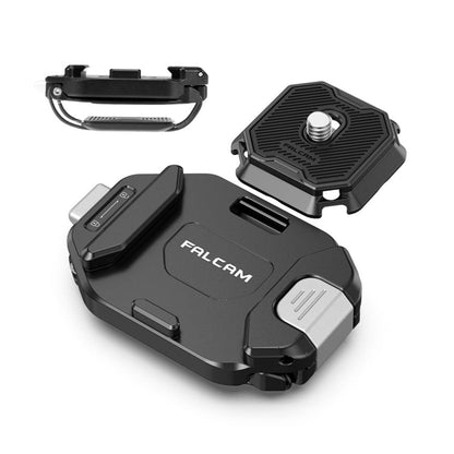 F38 quick release camera strap clip set, black base with hinge and mounting plate