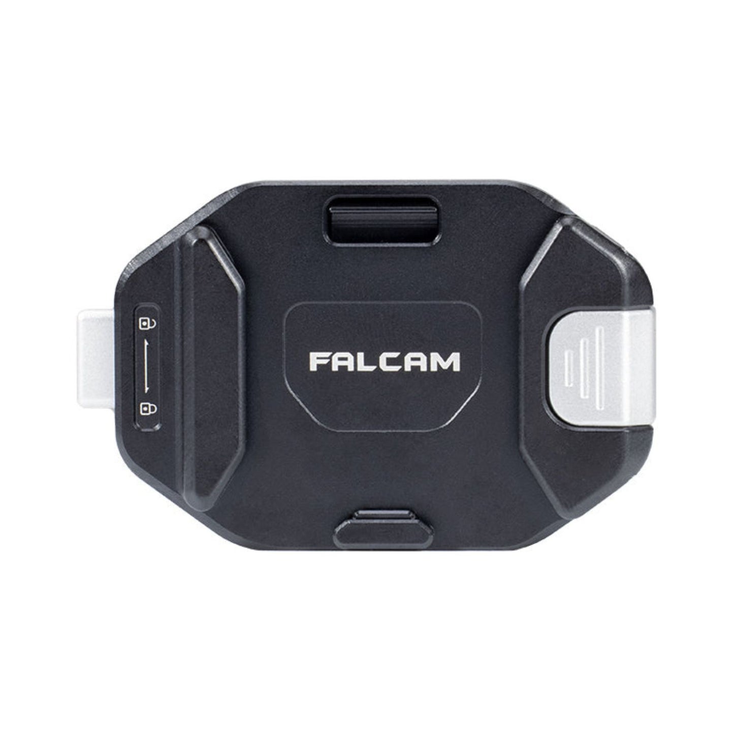 F38 quick release camera strap clip, black front with FALCAM logo and release switch