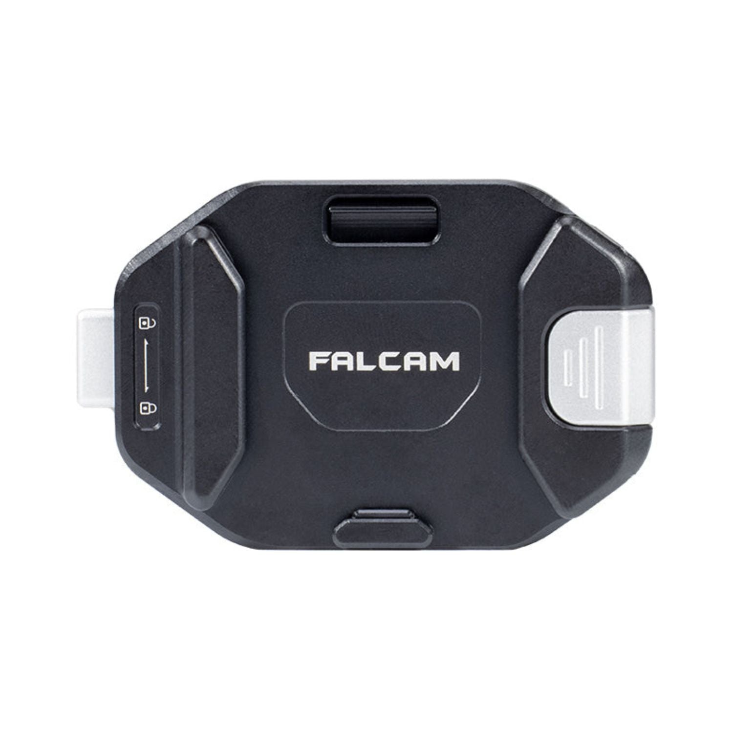 F38 quick release camera strap clip, black front with FALCAM logo and release switch
