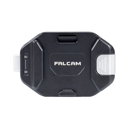 F38 quick release camera strap clip, black front with FALCAM logo and release switch
